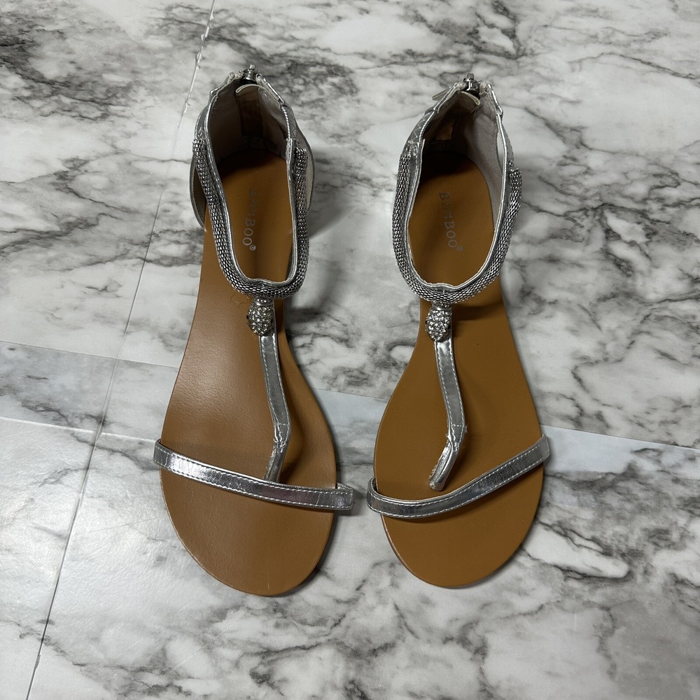 Bamboo Slip-on Silver Thong Sandals Womens Flip-Flop Flats Beach Size 8